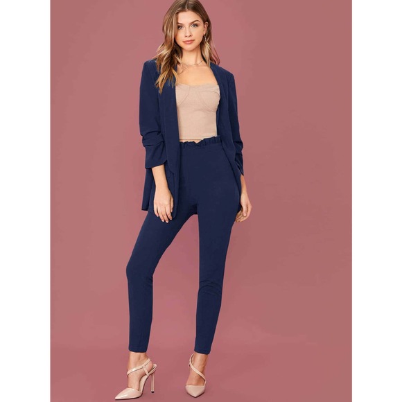 2 piece pantsuit: Shawl Collar Blazer & Paperbag Waist Pants Set green - Picture 11 of 11